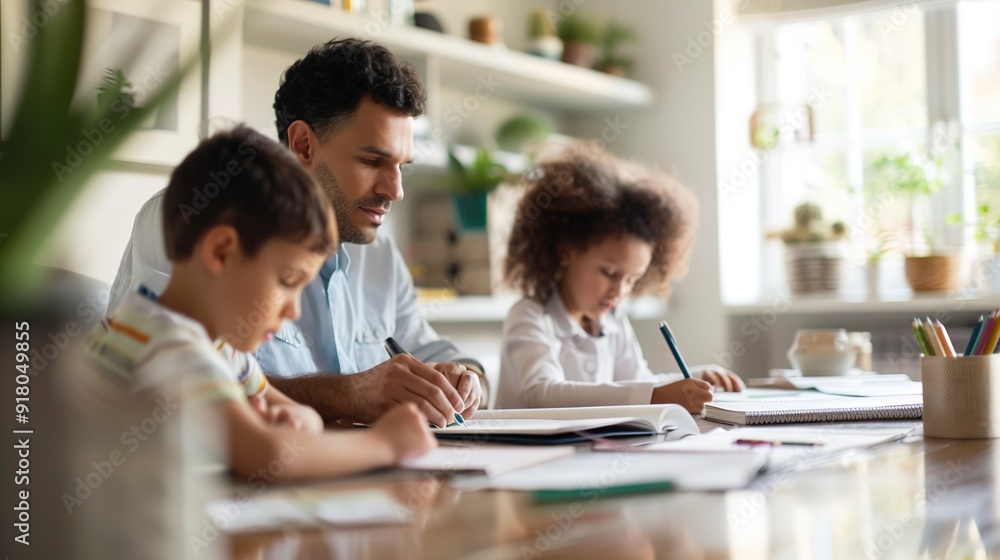 Engaged Parents Assisting Children with Studying in Neat Home Study Environment Engaged Parents Assisting Children with Studying in Neat Home Study Environment