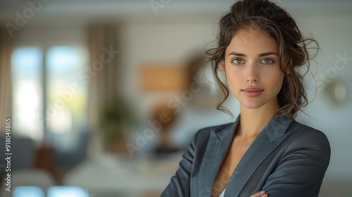 Wallpaper Mural Confident young woman in a business suit standing in a modern office setting, showcasing a professional demeanor during daylight hours Torontodigital.ca