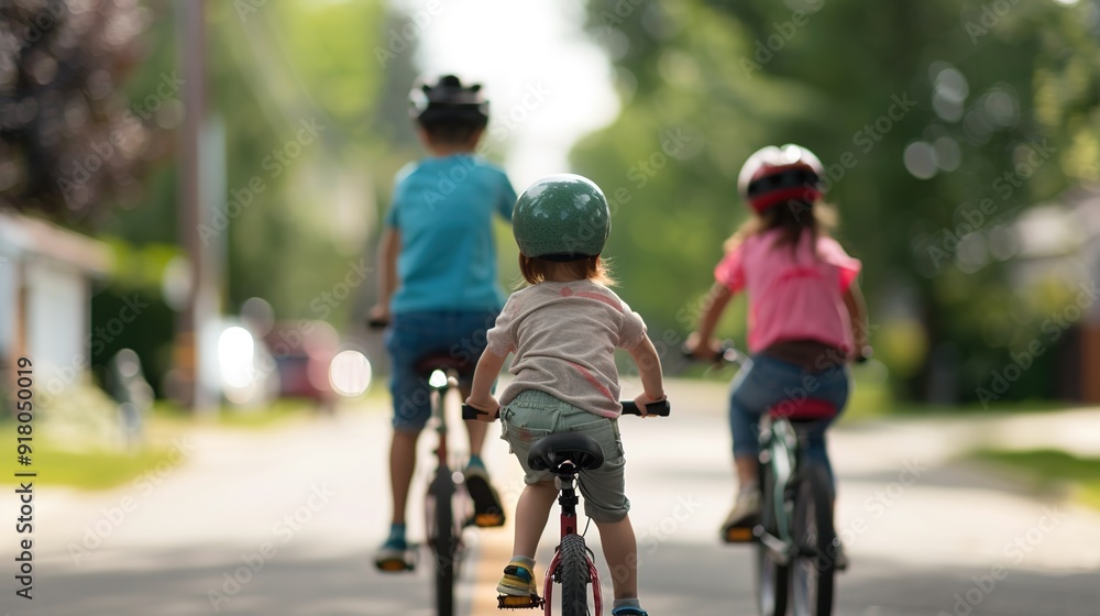 Family Fun Learning Adventure: Parents Guiding Kids Riding Bikes in Peaceful Suburban Neighborhood Family Fun Learning Adventure: Parents Guiding Kids Riding Bikes in Peaceful Suburban Neighborhood