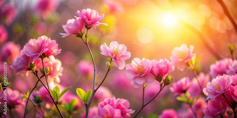 Vibrant pink flowers bloom against a soft, serene backdrop of gentle warm light, capturing the essence of a beautiful Spring morning in full blossom. Vibrant pink flowers bloom against a soft, serene backdrop of gentle warm light, capturing the essence of a beautiful Spring morning in full blossom.
