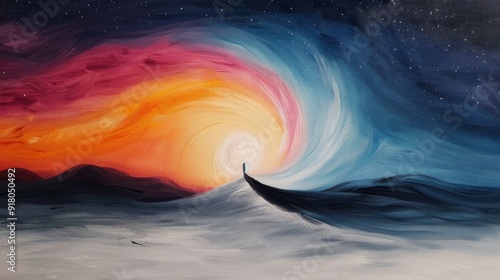 Vibrant Sunset Over Waves With Silhouette of a Figure on the Shore