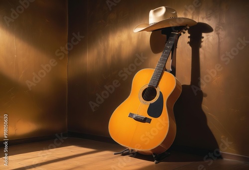 American Country music background with guitar and cowboy hat photo