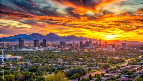 Vibrant sunset casts a warm glow over the sprawling Phoenix metropolitan area, showcasing its modern architecture and bustling cityscape amidst the Sonoran Desert landscape. #918050819