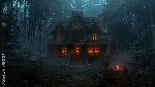 Spooky Haunted House in Dark Forest at Night photo