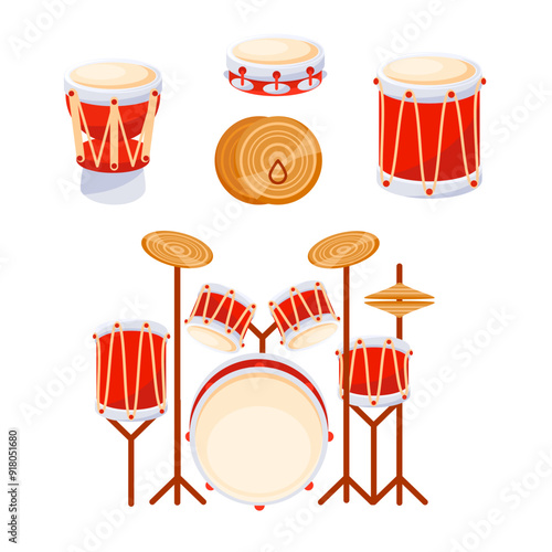 Red drum kit standing ready for a drummer to start playing music, percussion instruments isolated over white