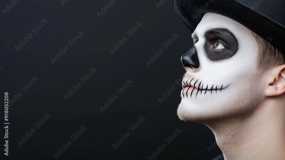 a man with black hat and white face paint a man with black hat and white face paint