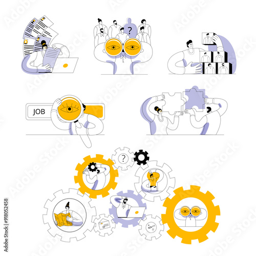 An HR manager uses binoculars to search for an employee, a woman looks through a resume, a man builds a team of professionals. A set of vector illustrations on the theme of HR department work.