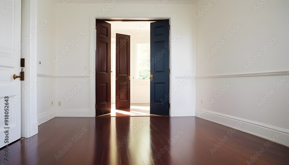 Empty room minimalist interior with a wooden double door entrance, hardwood floors, and neutral-colored walls Empty room minimalist interior with a wooden double door entrance, hardwood floors, and neutral-colored walls