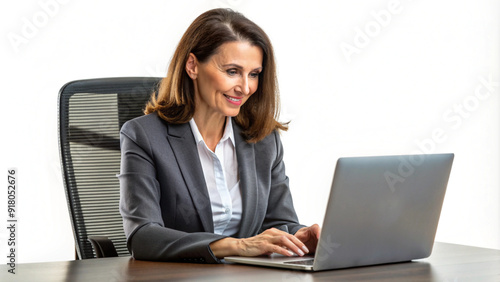 European business woman , CEO, uses laptop app to work at desk in office, cut out on transparent background png