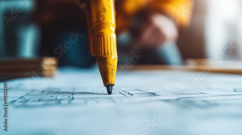 An extreme close-up or macro shot of the tip of a pen in contact with an architectural blueprint, showcasing the fine detail and accuracy involved in drafting architectural designs. photo