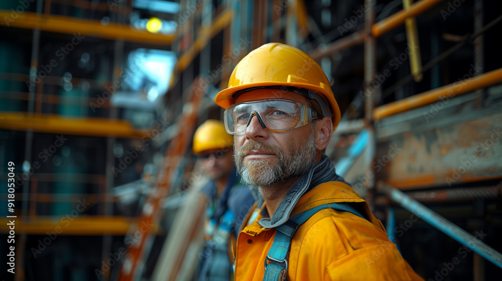 Serious Construction Worker in Helmet at the Site Serious Construction Worker in Helmet at the Site