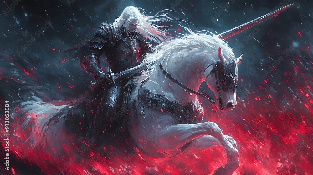 Knight Riding White Horse Through Fire, Fantasy Art. Knight Riding White Horse Through Fire, Fantasy Art.