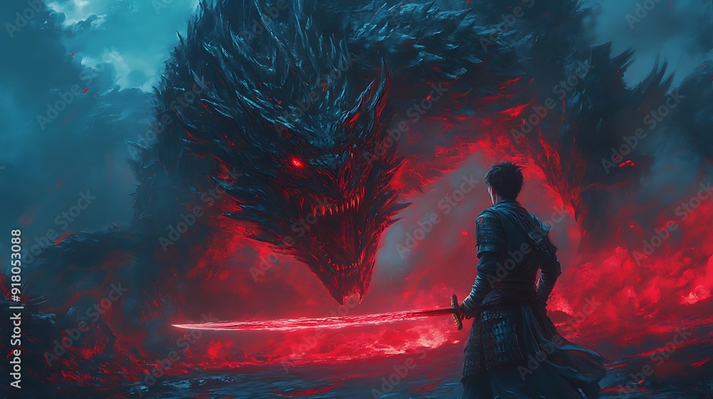 Fototapeta premium A lone warrior faces a colossal dragon in a fiery landscape.