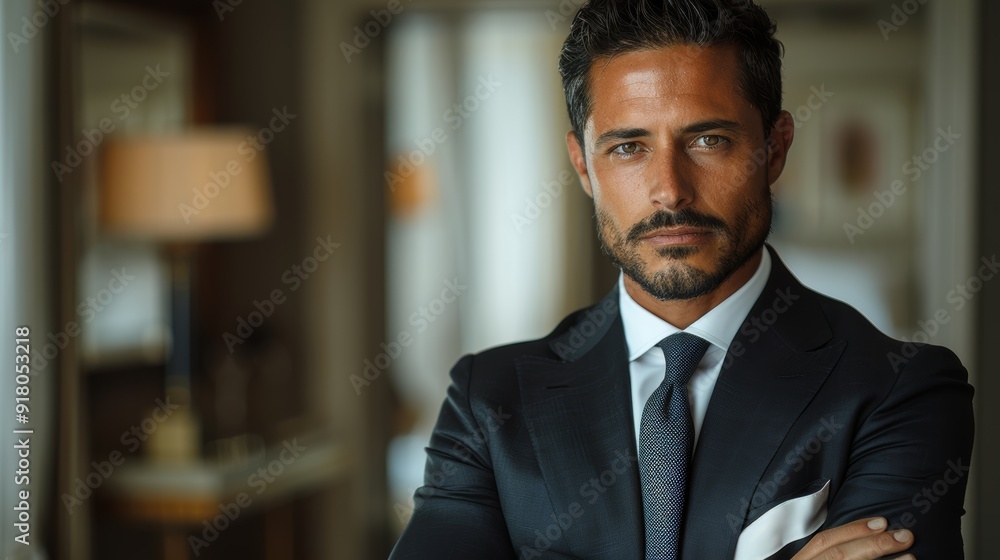 A well-dressed man in a tailored suit poses confidently indoors A well-dressed man in a tailored suit poses confidently indoors