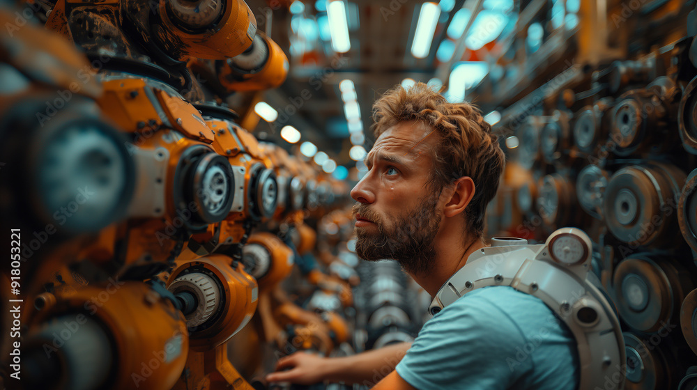 Factory Employee Man in Protective Helmet Operating Machinery Factory Employee Man in Protective Helmet Operating Machinery