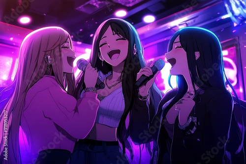 Three Female Vocalists Singing on Stage with Microphones.