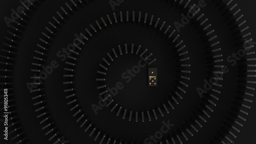 Domino game - 3d render. Tiles, blocks of dominoes with even dots on a black background. Domino effect business concept, logo for companies, trainings. Board game of dice with a winner and a loser.