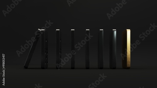 Domino game - 3d render. Tiles, blocks of dominoes with even dots on a black background. Domino effect business concept, logo for companies, trainings. Board game of dice with a winner and a loser.