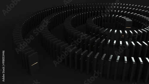 Domino game - 3d render. Tiles, blocks of dominoes with even dots on a black background. Domino effect business concept, logo for companies, trainings. Board game of dice with a winner and a loser.