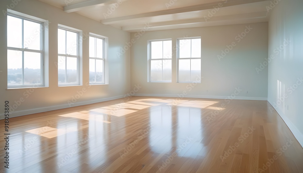 An empty room with hardwood floors, white walls, and large windows letting in natural light An empty room with hardwood floors, white walls, and large windows letting in natural light