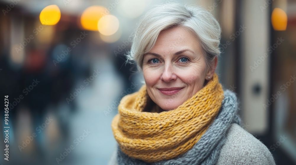 Age Friendly City. Smiling Senior Woman with Knitted Scarf in Front of Alsace Architecture Age Friendly City. Smiling Senior Woman with Knitted Scarf in Front of Alsace Architecture