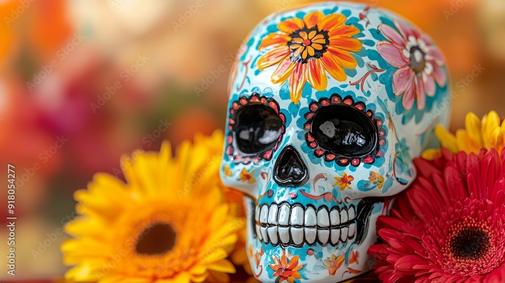 a colorful skull with flowers in the background a colorful skull with flowers in the background