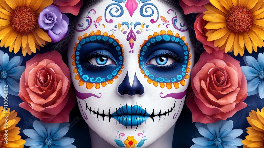 a woman with sugar skull face paint and flowers a woman with sugar skull face paint and flowers