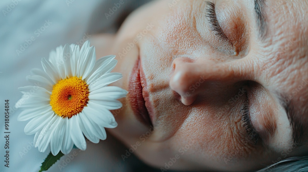 Naklejka premium a woman laying down with flower in her mouth