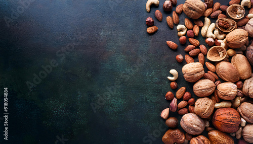 A huge set of nuts against a dark chalkboard background. Flatlay. Copy Space. photo