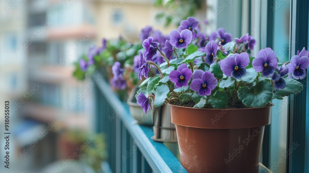 Purple Pansies Blooming on a Balcony Purple Pansies Blooming on a Balcony