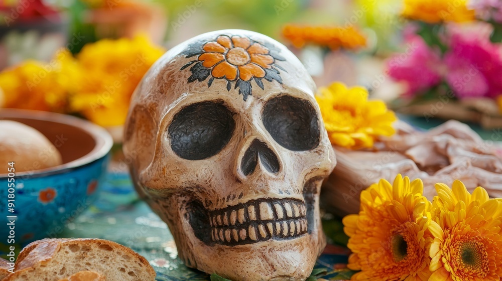a skull statue sitting on table with flowers a skull statue sitting on table with flowers