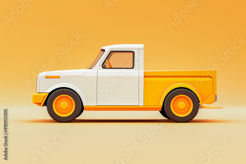 A white and orange truck is parked on a yellow background