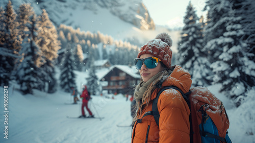 Happy Woman Skier with Helmet and Ski Goggles on Sunny Winter Day