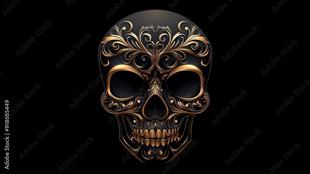 a gold skull with floral design on it