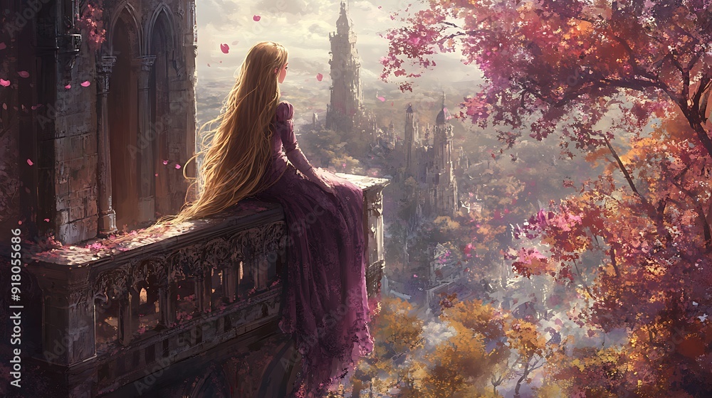 Fairytale Fantasy Woman Gazing at a Cityscape from a Tower. Fairytale Fantasy Woman Gazing at a Cityscape from a Tower.