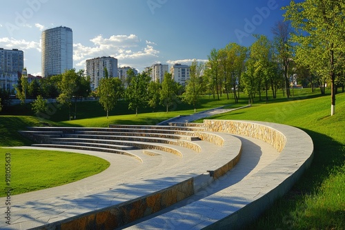 Fototapeta Naklejka Na Ścianę i Meble -  Amphitheater Modern. City Landscape with Green Park and Granite Amphitheater