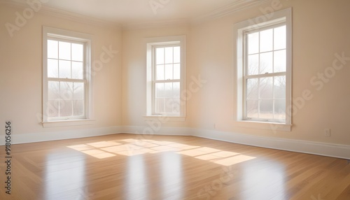 Wallpaper Mural An empty room with hardwood floors, white walls, and large windows letting in natural light Torontodigital.ca