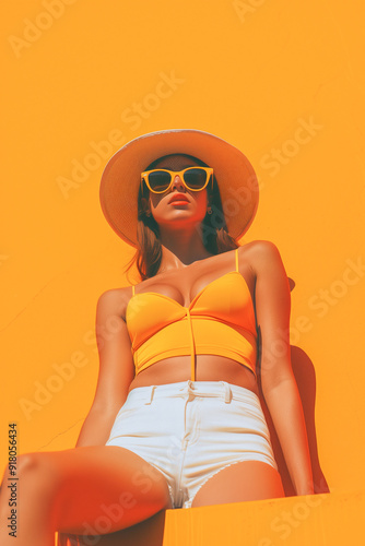 A woman in a yellow top and white shorts is sitting on a yellow wall