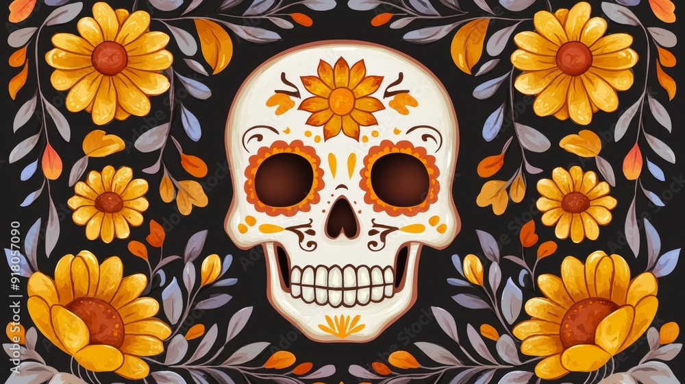 a skull with flowers and leaves on black background a skull with flowers and leaves on black background