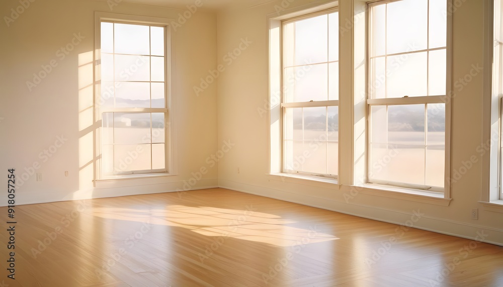 An empty room with hardwood floors, white walls, and large windows letting in natural light An empty room with hardwood floors, white walls, and large windows letting in natural light