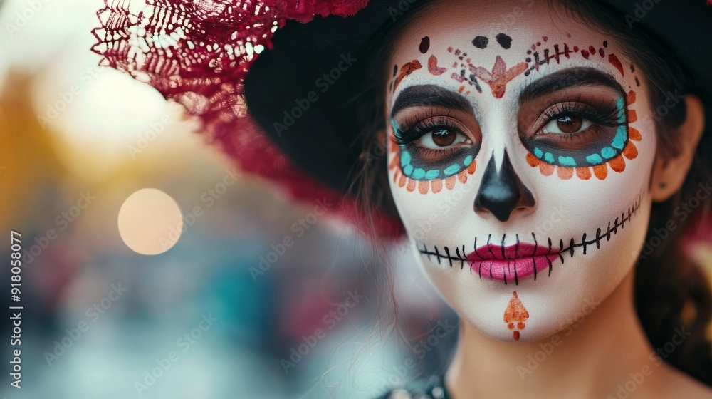 a woman with face painted in the shape of skull a woman with face painted in the shape of skull