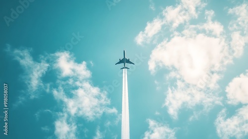 A sky with a single plane flying high above, leaving a long white contrail behind photo