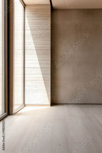 Empty apartment interiors in beige colors with lighting and shadows interplay. Luxury interior design composition with copyspace.