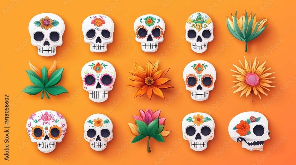 a set of paper skulls with flowers and leaves a set of paper skulls with flowers and leaves