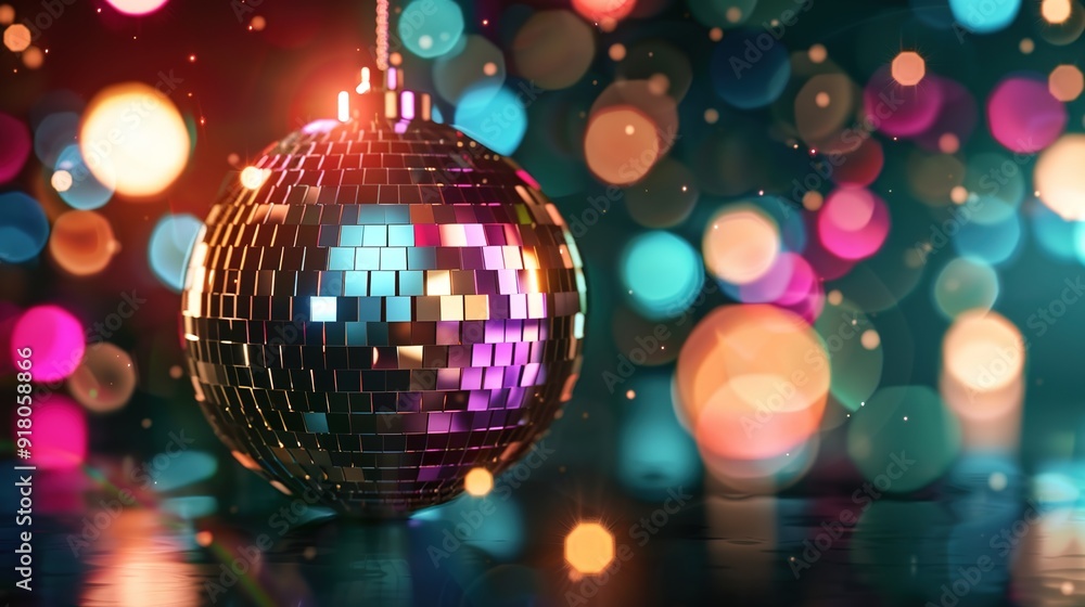 Disco ball reflecting colorful lights in a dark room, dynamic party atmosphere Disco ball reflecting colorful lights in a dark room, dynamic party atmosphere