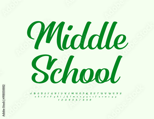 Vector educational logo Middle School. Modern Bright Font. Calligraphic Alphabet Letters and Numbers set.
