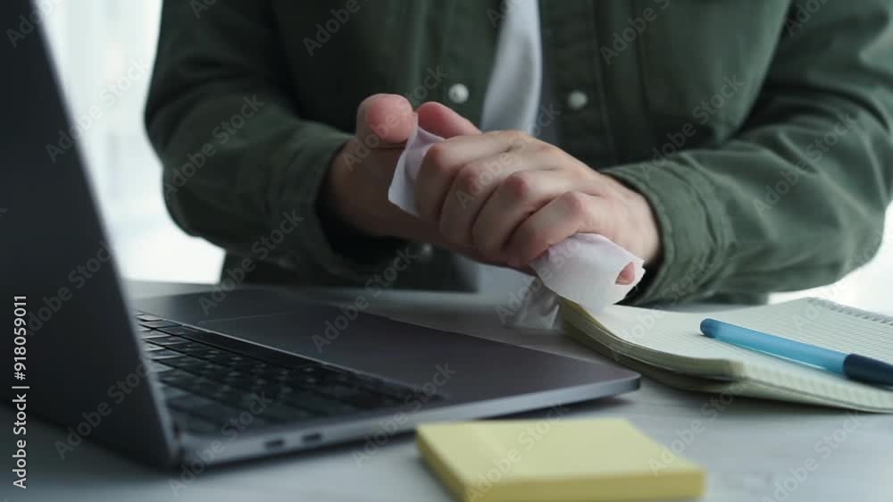 A man disinfects his hands with a wet alcohol wipe while sitting at his workplace in the office A man disinfects his hands with a wet alcohol wipe while sitting at his workplace in the office