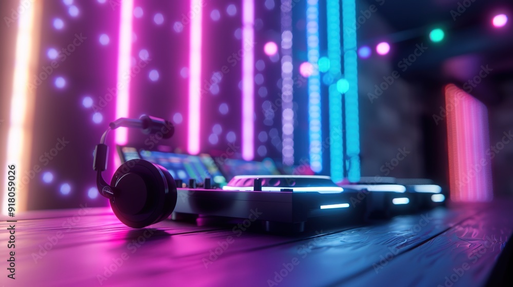 DJ booth with neon lights and animated sound waves, immersive music scene DJ booth with neon lights and animated sound waves, immersive music scene