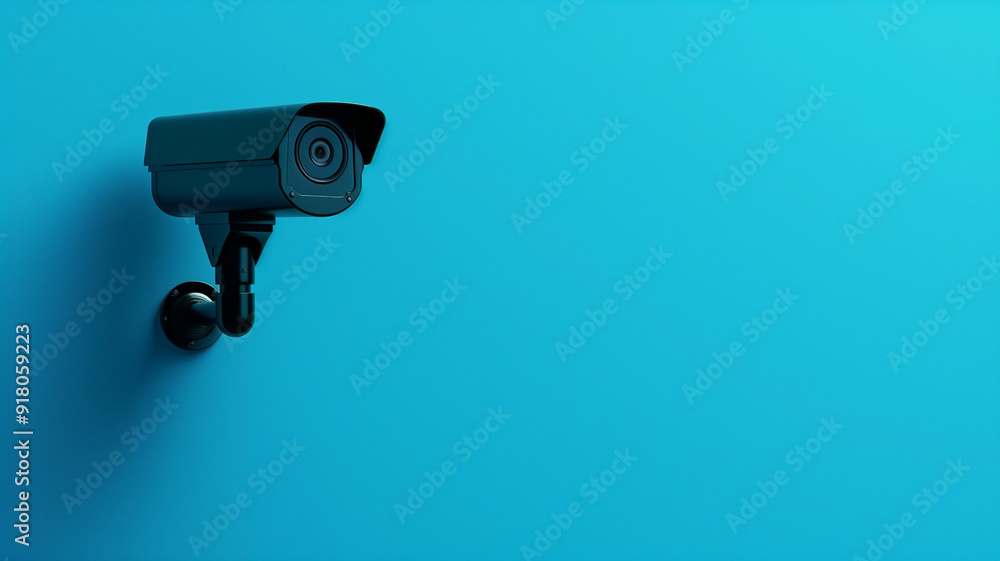 A sleek black CCTV camera against a plain blue background A sleek black CCTV camera against a plain blue background
