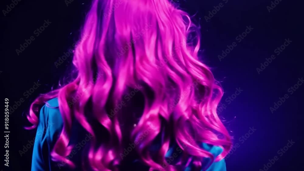 Woman with bright pink hair turns around, illuminated by vibrant neon light Woman with bright pink hair turns around, illuminated by vibrant neon light